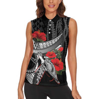 Hawaiian Honu Personalized Women Sleeveless Polo Shirt Black Tribal Hook Pattern