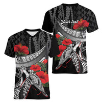 Hawaiian Honu Personalized Women V-Neck T-Shirt Black Tribal Hook Pattern