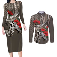 Hawaiian Honu Personalized Couples Matching Long Sleeve Bodycon Dress and Long Sleeve Button Shirt Mocha Mousse Hibiscus Tribal Hook Pattern