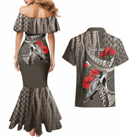 Hawaiian Honu Personalized Couples Matching Mermaid Dress and Hawaiian Shirt Mocha Mousse Hibiscus Tribal Hook Pattern