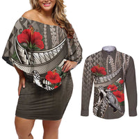 Hawaiian Honu Personalized Couples Matching Off Shoulder Short Dress and Long Sleeve Button Shirt Mocha Mousse Hibiscus Tribal Hook Pattern