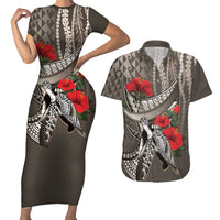 Hawaiian Honu Personalized Couples Matching Short Sleeve Bodycon Dress and Hawaiian Shirt Mocha Mousse Hibiscus Tribal Hook Pattern