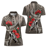 Hawaiian Honu Personalized Women Polo Shirt Mocha Mousse Hibiscus Tribal Hook Pattern