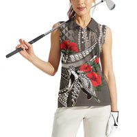 Hawaiian Honu Personalized Women Sleeveless Polo Shirt Mocha Mousse Hibiscus Tribal Hook Pattern