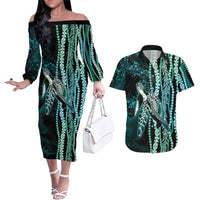 Hawaiian Honu Personalized Couples Matching Off The Shoulder Long Sleeve Dress and Hawaiian Shirt Dark Cyan Maile Pikake Flower Lei Inspired LT9 Cyan - Polynesian Pride