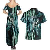 Hawaiian Honu Personalized Couples Matching Summer Maxi Dress and Hawaiian Shirt Dark Cyan Maile Pikake Flower Lei Inspired