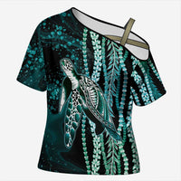 Hawaiian Honu Personalized Cross Shoulder Shirt Dark Cyan Maile Pikake Flower Lei Inspired