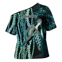 Hawaiian Honu Personalized Cross Shoulder Shirt Dark Cyan Maile Pikake Flower Lei Inspired