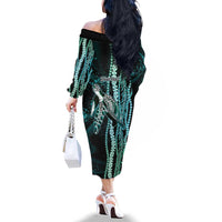 Hawaiian Honu Personalized Family Matching Off The Shoulder Long Sleeve Dress and Hawaiian Shirt Dark Cyan Maile Pikake Flower Lei Inspired LT9 - Polynesian Pride