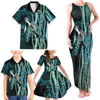 Hawaiian Honu Personalized Family Matching Tank Maxi Dress and Hawaiian Shirt Dark Cyan Maile Pikake Flower Lei Inspired LT9 - Polynesian Pride