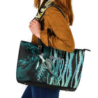 Hawaiian Honu Personalized Leather Tote Bag Dark Cyan Maile Pikake Flower Lei Inspired