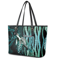 Hawaiian Honu Personalized Leather Tote Bag Dark Cyan Maile Pikake Flower Lei Inspired