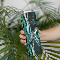 Hawaiian Honu Personalized Skinny Tumbler Dark Cyan Maile Pikake Flower Lei Inspired