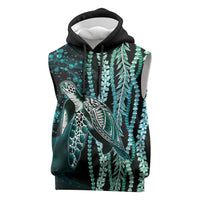 Hawaiian Honu Personalized Sleeveless Hoodie Dark Cyan Maile Pikake Flower Lei Inspired