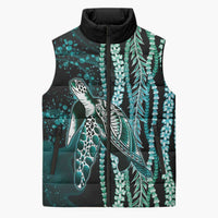 Hawaiian Honu Personalized Sleeveless Puffer Jacket Dark Cyan Maile Pikake Flower Lei Inspired
