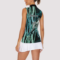 Hawaiian Honu Personalized Women Sleeveless Polo Shirt Dark Cyan Maile Pikake Flower Lei Inspired