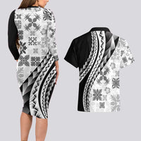 Black Hawaiian Quilt Pattern Couples Matching Long Sleeve Bodycon Dress and Hawaiian Shirt Mixed Polynesian Tribal Arty