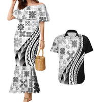 Black Hawaiian Quilt Pattern Couples Matching Mermaid Dress and Hawaiian Shirt Mixed Polynesian Tribal Arty