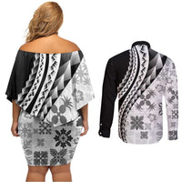 Black Hawaiian Quilt Pattern Couples Matching Off Shoulder Short Dress and Long Sleeve Button Shirt Mixed Polynesian Tribal Arty