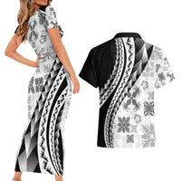 Black Hawaiian Quilt Pattern Couples Matching Short Sleeve Bodycon Dress and Hawaiian Shirt Mixed Polynesian Tribal Arty
