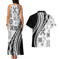 Black Hawaiian Quilt Pattern Couples Matching Tank Maxi Dress and Hawaiian Shirt Mixed Polynesian Tribal Arty