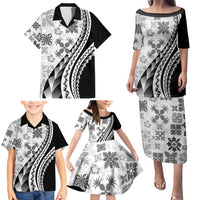 Black Hawaiian Quilt Pattern Family Matching Puletasi and Hawaiian Shirt Mixed Polynesian Tribal Arty