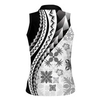 Black Hawaiian Quilt Pattern Women Sleeveless Polo Shirt Mixed Polynesian Tribal Arty