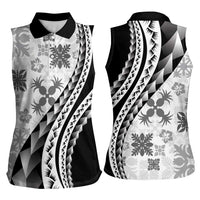 Black Hawaiian Quilt Pattern Women Sleeveless Polo Shirt Mixed Polynesian Tribal Arty