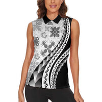 Black Hawaiian Quilt Pattern Women Sleeveless Polo Shirt Mixed Polynesian Tribal Arty