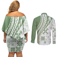 Green Hawaiian Quilt Pattern Couples Matching Off Shoulder Short Dress and Long Sleeve Button Shirt Mixed Polynesian Tribal Arty