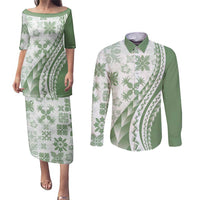 Green Hawaiian Quilt Pattern Couples Matching Puletasi and Long Sleeve Button Shirt Mixed Polynesian Tribal Arty