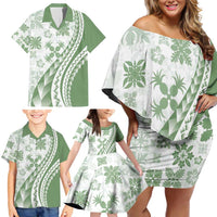 Green Hawaiian Quilt Pattern Family Matching Off Shoulder Short Dress and Hawaiian Shirt Mixed Polynesian Tribal Arty