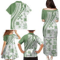 Green Hawaiian Quilt Pattern Family Matching Puletasi and Hawaiian Shirt Mixed Polynesian Tribal Arty