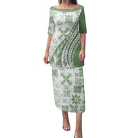 Green Hawaiian Quilt Pattern Family Matching Puletasi and Hawaiian Shirt Mixed Polynesian Tribal Arty