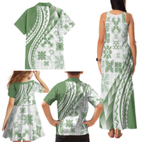 Green Hawaiian Quilt Pattern Family Matching Tank Maxi Dress and Hawaiian Shirt Mixed Polynesian Tribal Arty