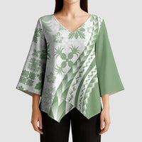 Green Hawaiian Quilt Pattern Kimono Sleeve Blouse Mixed Polynesian Tribal Arty - Polynesian Pride