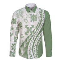 Green Hawaiian Quilt Pattern Long Sleeve Button Shirt Mixed Polynesian Tribal Arty