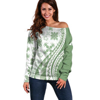 Green Hawaiian Quilt Pattern Off Shoulder Sweater Mixed Polynesian Tribal Arty