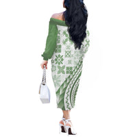 Green Hawaiian Quilt Pattern Off The Shoulder Long Sleeve Dress Mixed Polynesian Tribal Arty