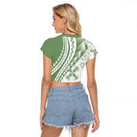 Green Hawaiian Quilt Pattern Raglan Cropped T Shirt Mixed Polynesian Tribal Arty