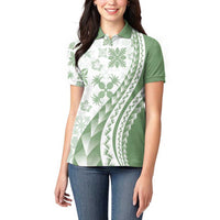 Green Hawaiian Quilt Pattern Women Polo Shirt Mixed Polynesian Tribal Arty