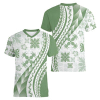 Green Hawaiian Quilt Pattern Women V-Neck T-Shirt Mixed Polynesian Tribal Arty