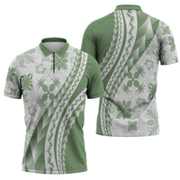 Green Hawaiian Quilt Pattern Zipper Polo Shirt Mixed Polynesian Tribal Arty - Polynesian Pride