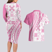 Pink Hawaiian Quilt Pattern Couples Matching Long Sleeve Bodycon Dress and Hawaiian Shirt Mixed Polynesian Tribal Arty