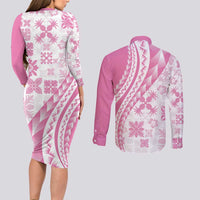 Pink Hawaiian Quilt Pattern Couples Matching Long Sleeve Bodycon Dress and Long Sleeve Button Shirt Mixed Polynesian Tribal Arty
