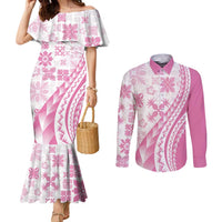 Pink Hawaiian Quilt Pattern Couples Matching Mermaid Dress and Long Sleeve Button Shirt Mixed Polynesian Tribal Arty