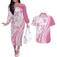 Pink Hawaiian Quilt Pattern Couples Matching Off The Shoulder Long Sleeve Dress and Hawaiian Shirt Mixed Polynesian Tribal Arty