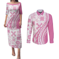 Pink Hawaiian Quilt Pattern Couples Matching Puletasi and Long Sleeve Button Shirt Mixed Polynesian Tribal Arty
