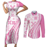 Pink Hawaiian Quilt Pattern Couples Matching Short Sleeve Bodycon Dress and Long Sleeve Button Shirt Mixed Polynesian Tribal Arty