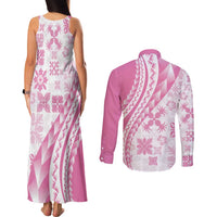 Pink Hawaiian Quilt Pattern Couples Matching Tank Maxi Dress and Long Sleeve Button Shirt Mixed Polynesian Tribal Arty